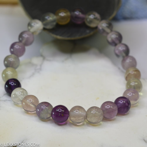 Multi Color Rainbow Fluroite Round Beaded Bracelet Hand Crafted By LEXX STONES