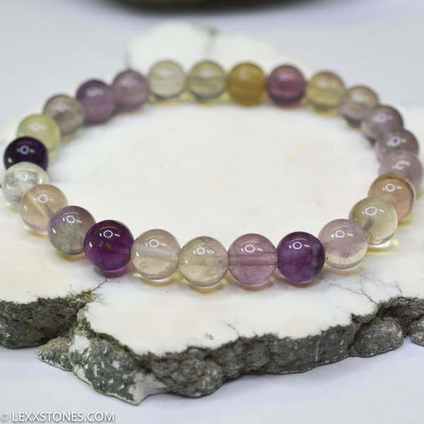 Multi Color Rainbow Fluroite Round Beaded Bracelet Hand Crafted By LEXX STONES